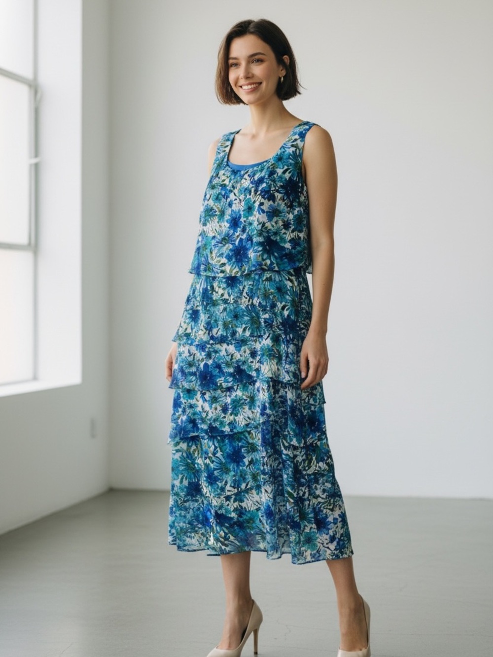 dressbarn‎ Teal and Aqua Floral Scoop Neck Sleeveless Dress Size 22